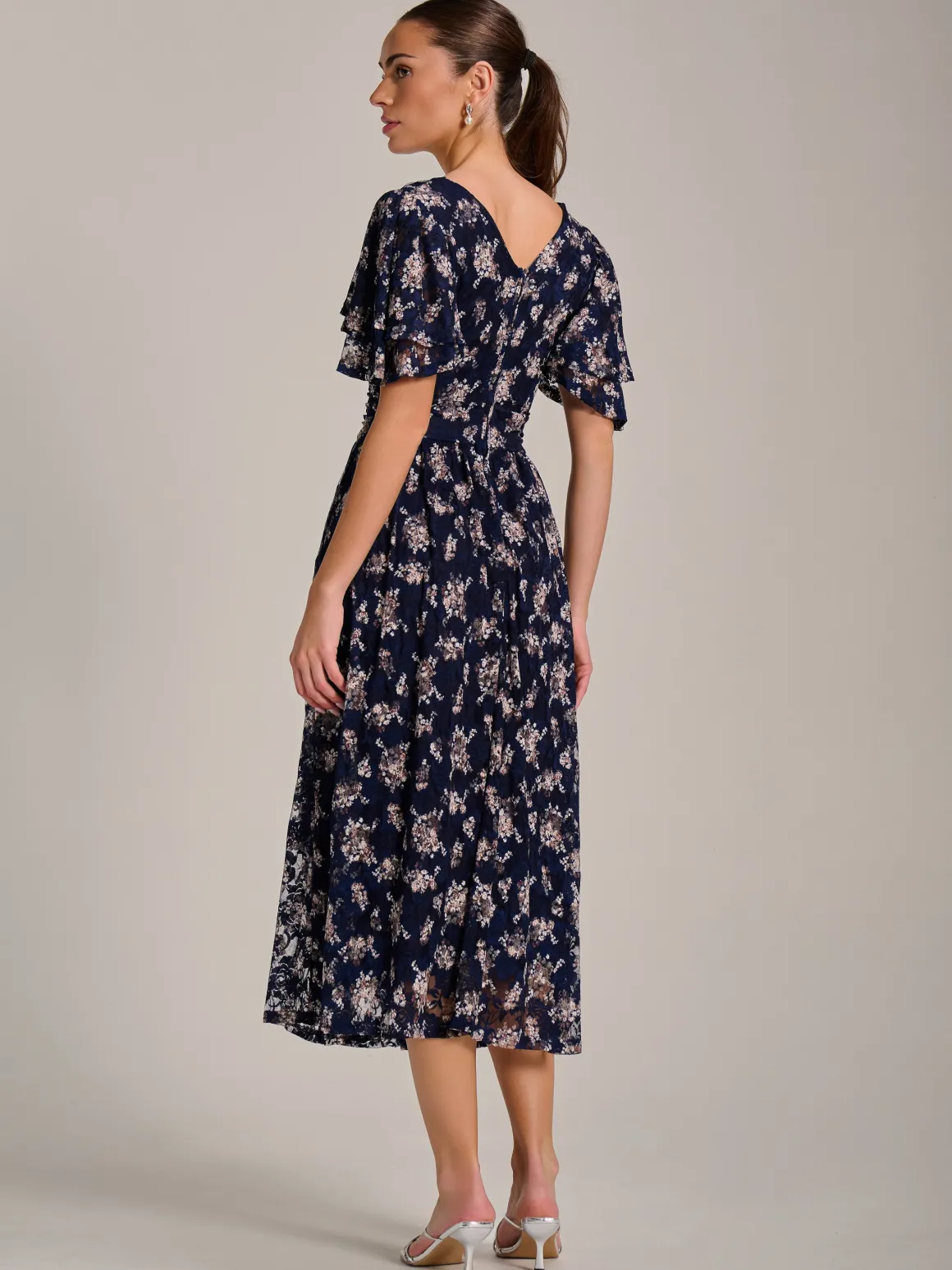 Angel Sleeve Print Lace Maxi Dress, Navy Floral