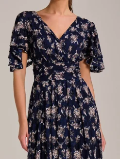 Angel Sleeve Print Lace Maxi Dress, Navy Floral