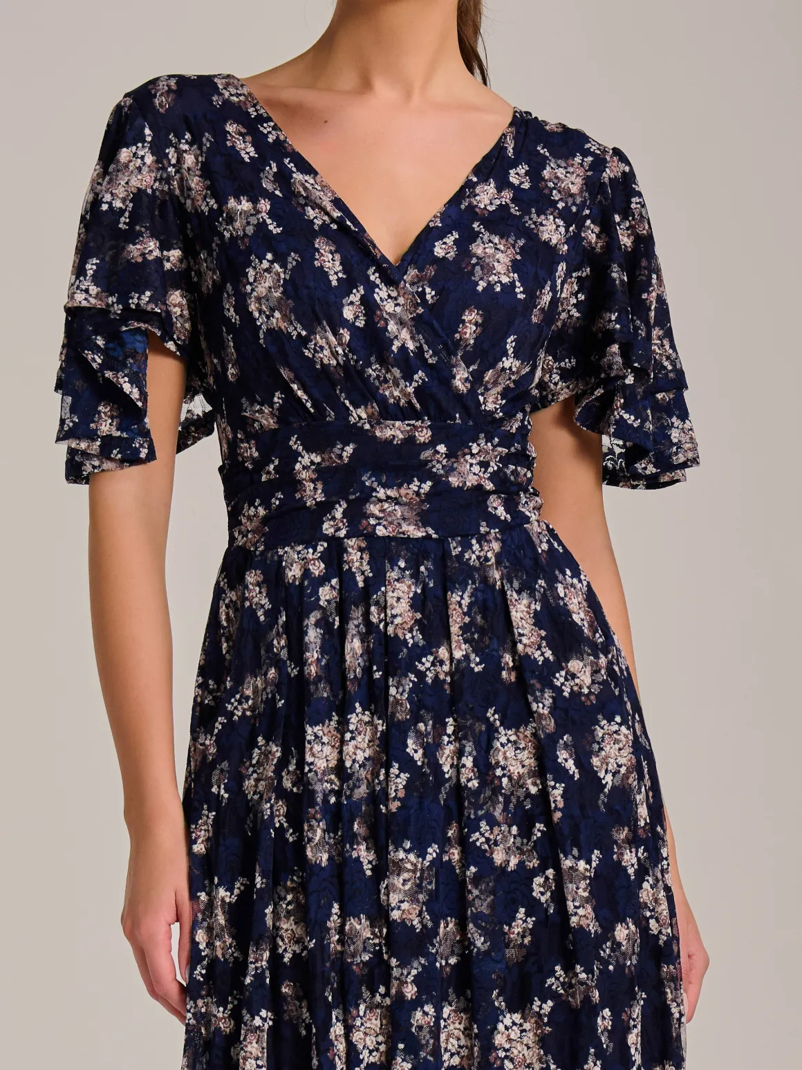 Angel Sleeve Print Lace Maxi Dress, Navy Floral