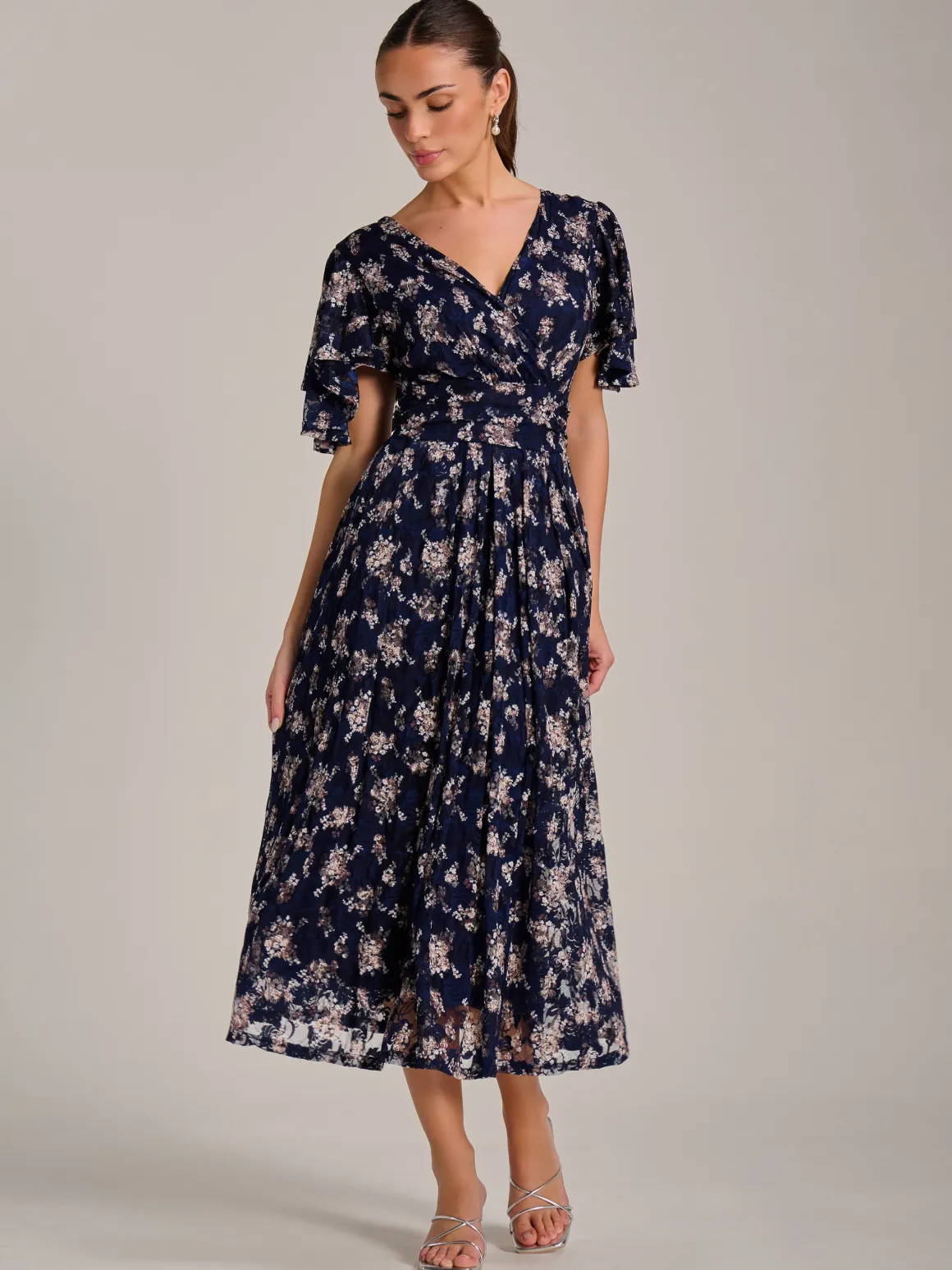 Angel Sleeve Print Lace Maxi Dress, Navy Floral