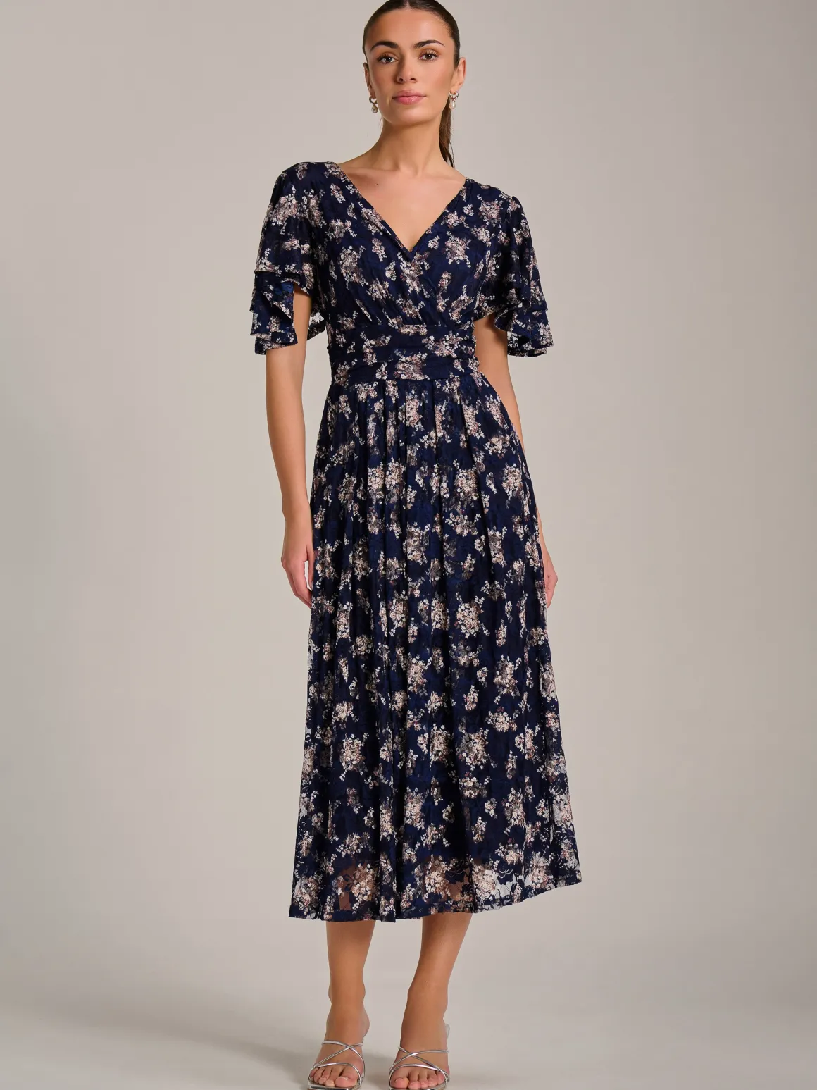 Angel Sleeve Print Lace Maxi Dress, Navy Floral