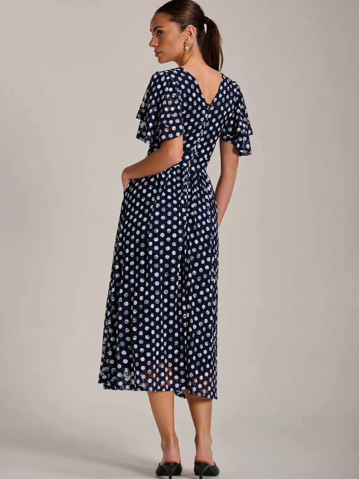 Angel Sleeve Print Lace Maxi Dress, Navy Spot