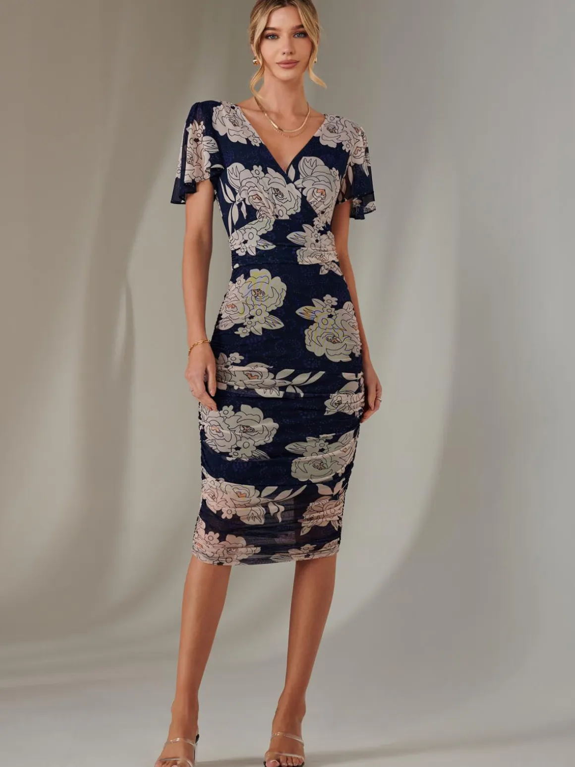 Angel Sleeve Ruched Bodycon Dress, Navy Floral
