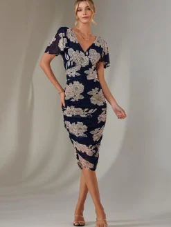 Angel Sleeve Ruched Bodycon Dress, Navy Floral