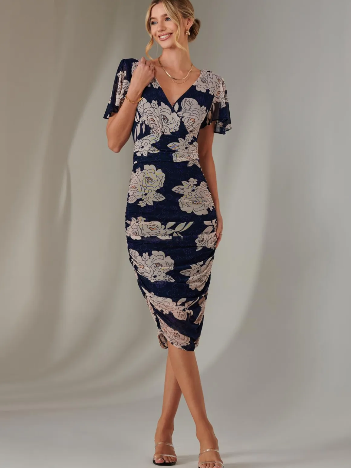Angel Sleeve Ruched Bodycon Dress, Navy Floral