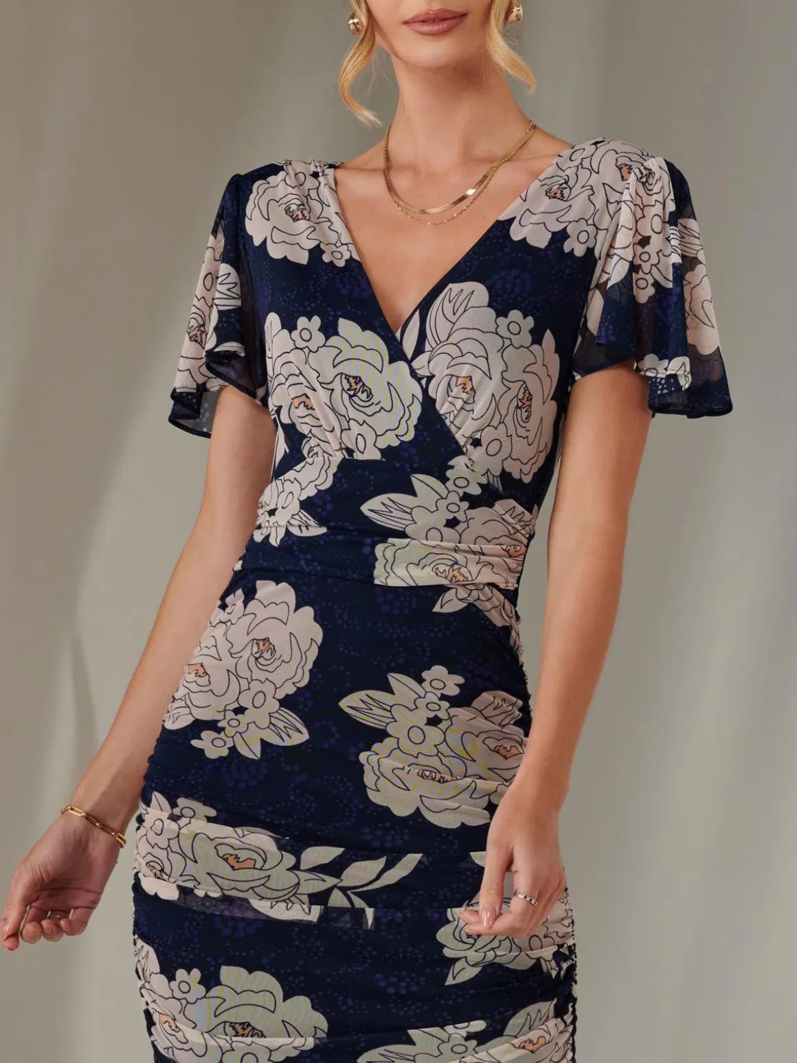Angel Sleeve Ruched Bodycon Dress, Navy Floral