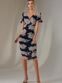 Angel Sleeve Ruched Bodycon Dress, Navy Floral