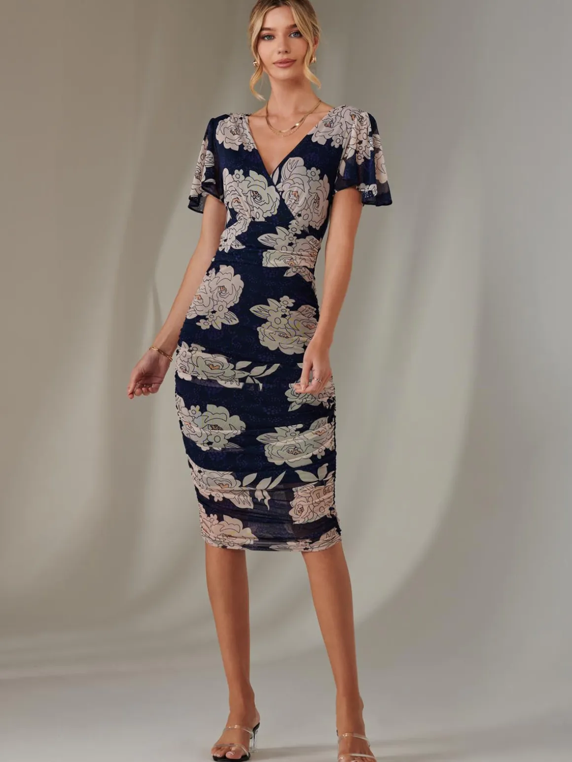 Angel Sleeve Ruched Bodycon Dress, Navy Floral