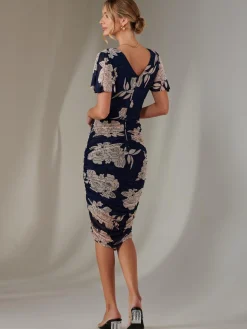 Angel Sleeve Ruched Bodycon Dress, Navy Floral