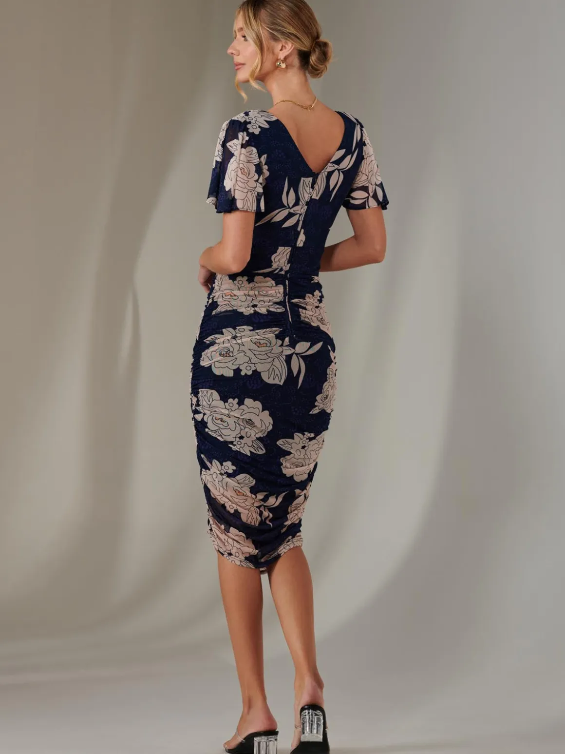 Angel Sleeve Ruched Bodycon Dress, Navy Floral