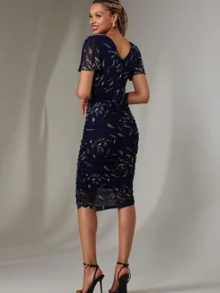 Angel Sleeve Ruched Bodycon Dress, Navy Leafy