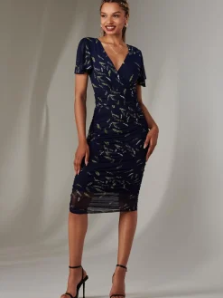 Angel Sleeve Ruched Bodycon Dress, Navy Leafy