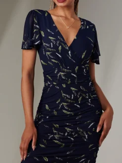 Angel Sleeve Ruched Bodycon Dress, Navy Leafy