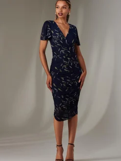 Angel Sleeve Ruched Bodycon Dress, Navy Leafy