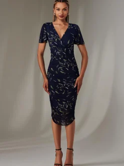 Angel Sleeve Ruched Bodycon Dress, Navy Leafy