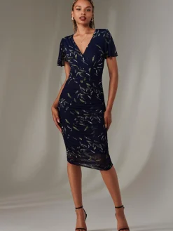 Angel Sleeve Ruched Bodycon Dress, Navy Leafy