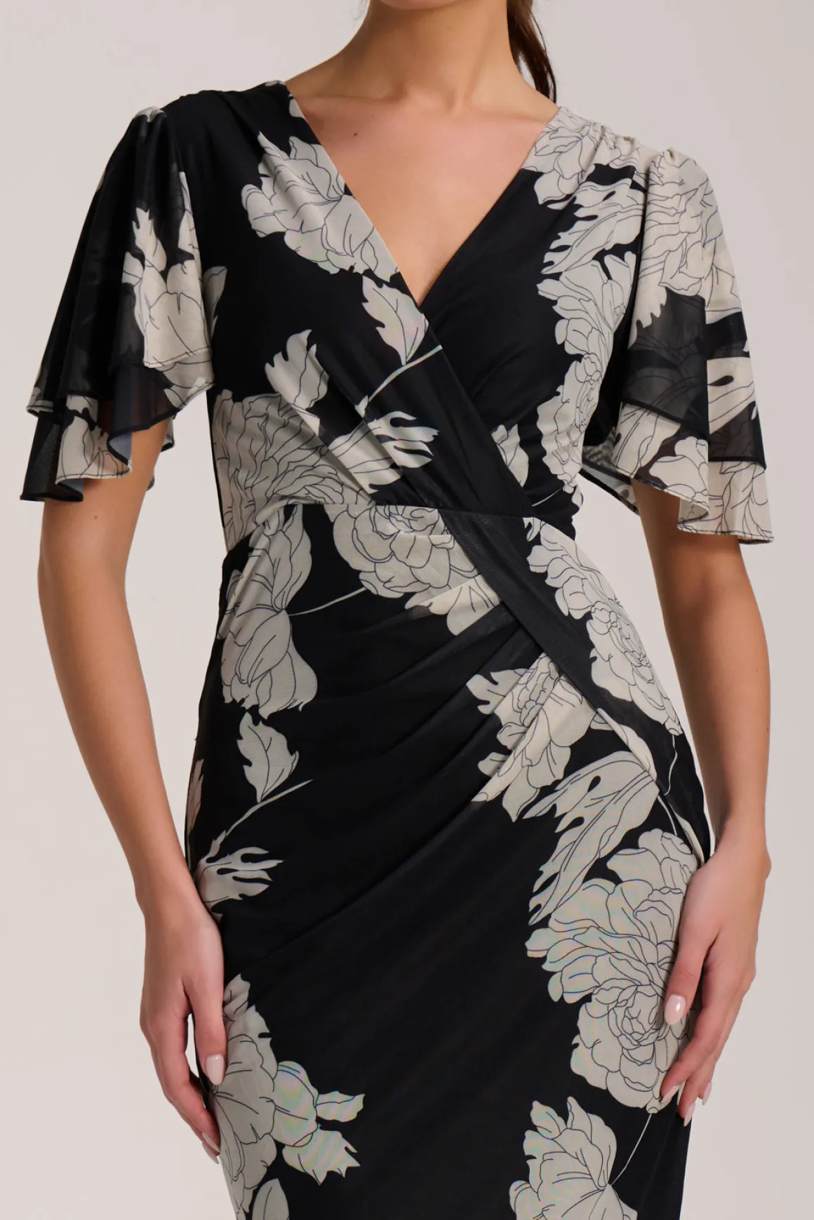 Angel Sleeve Ruched Mesh Bodycon Dress, Beige Floral