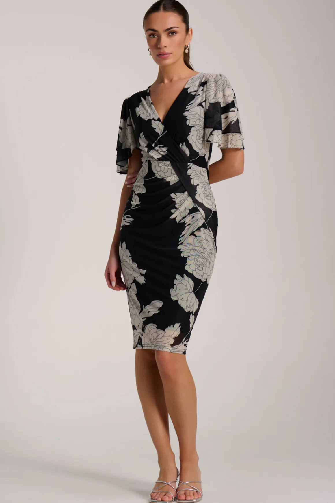 Angel Sleeve Ruched Mesh Bodycon Dress, Beige Floral