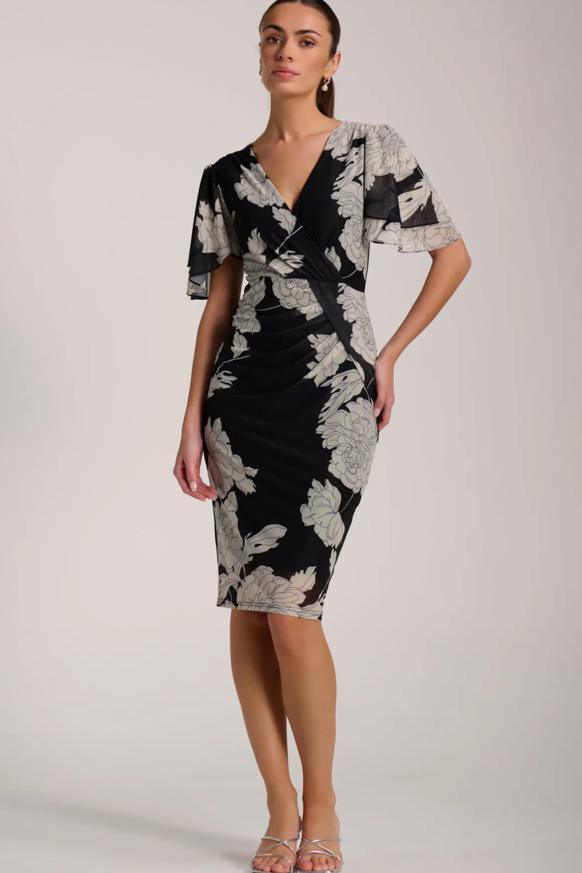Angel Sleeve Ruched Mesh Bodycon Dress, Beige Floral