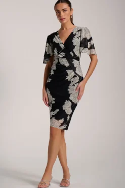 Angel Sleeve Ruched Mesh Bodycon Dress, Beige Floral