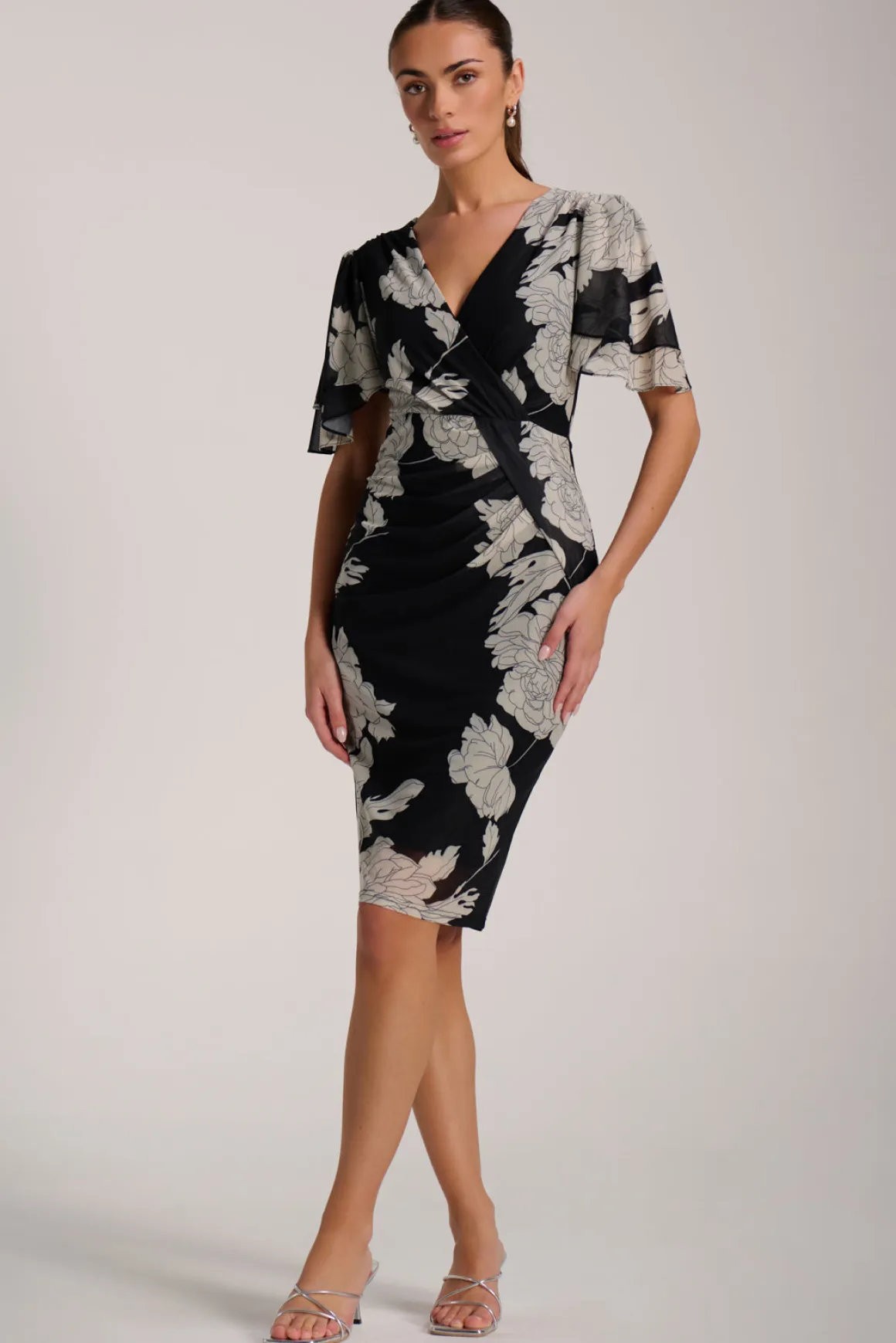 Angel Sleeve Ruched Mesh Bodycon Dress, Beige Floral
