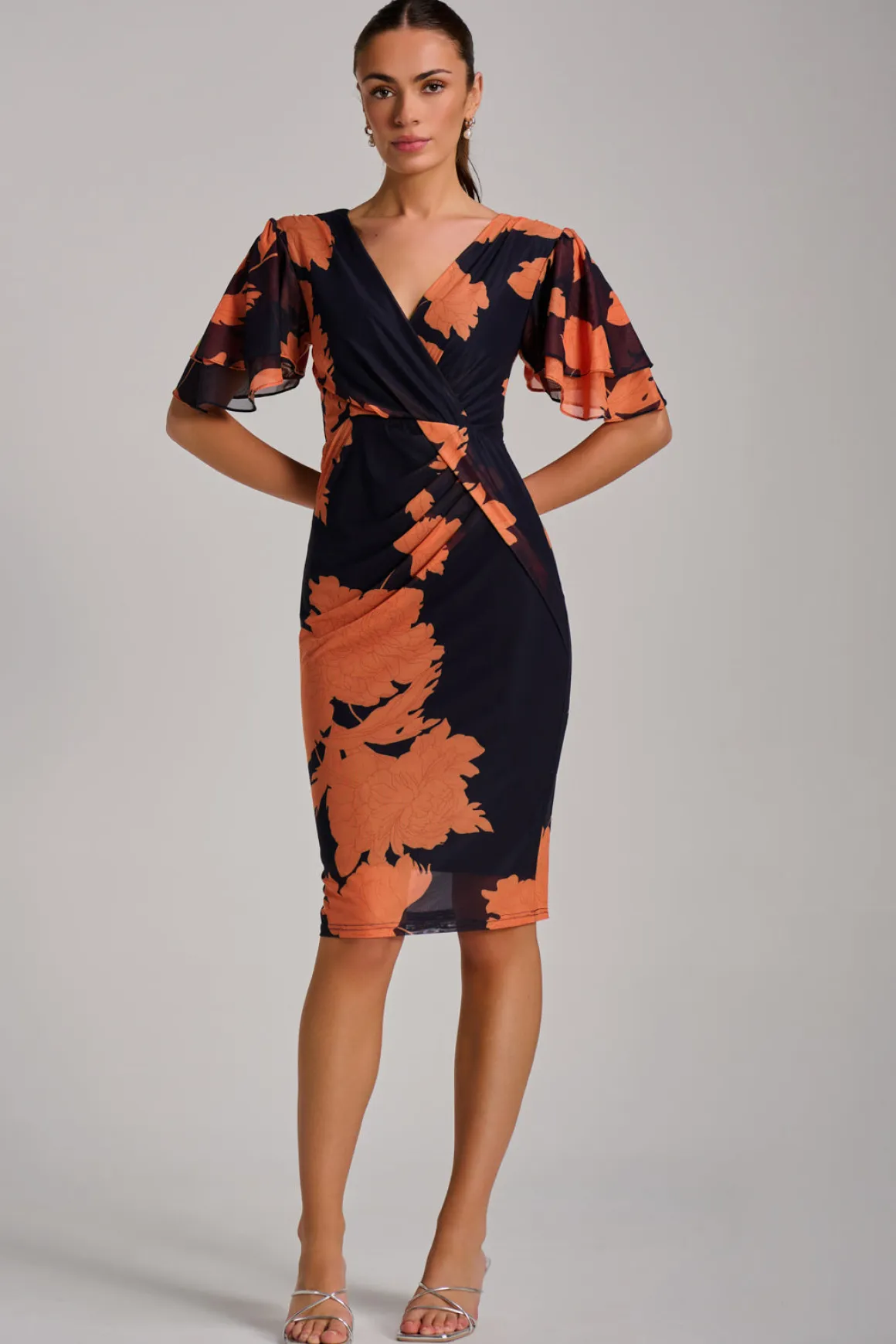 Angel Sleeve Ruched Mesh Bodycon Dress, Orange Floral