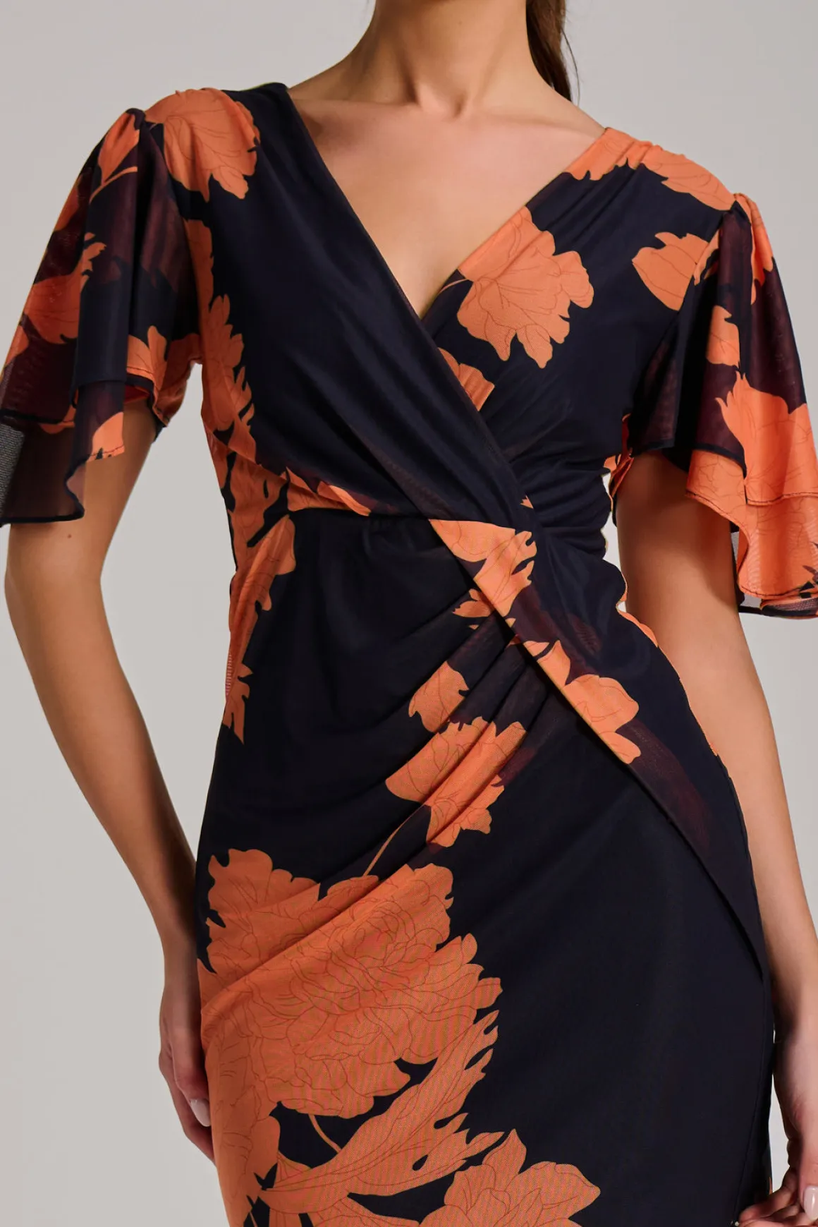 Angel Sleeve Ruched Mesh Bodycon Dress, Orange Floral