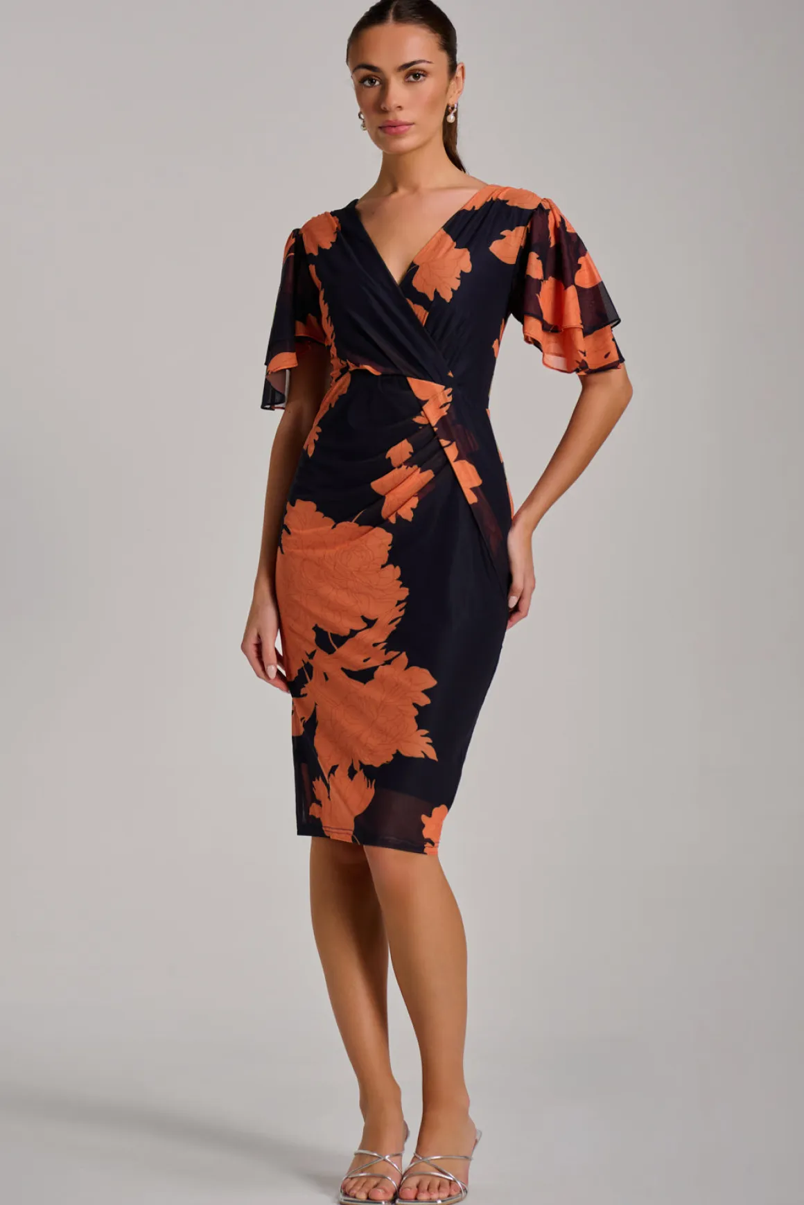 Angel Sleeve Ruched Mesh Bodycon Dress, Orange Floral
