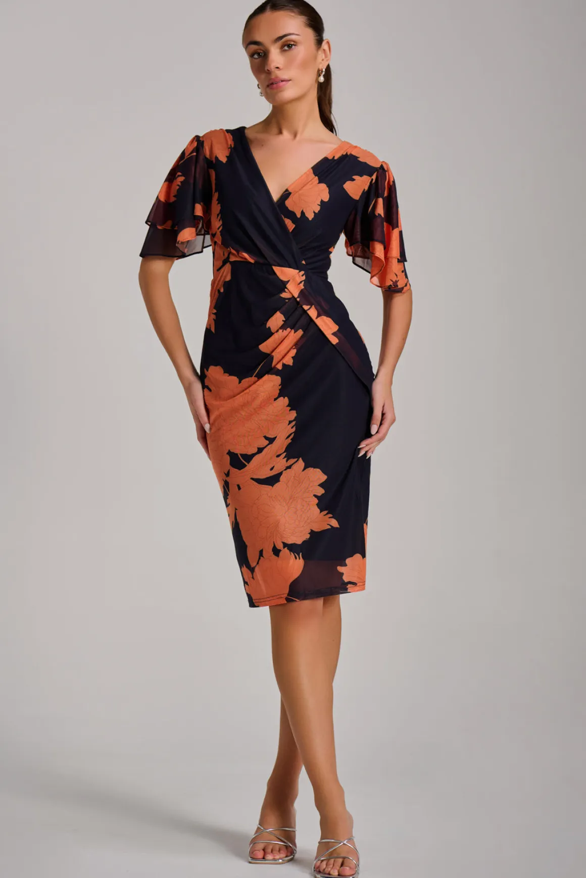 Angel Sleeve Ruched Mesh Bodycon Dress, Orange Floral