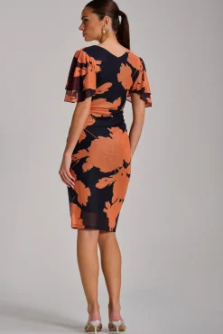 Angel Sleeve Ruched Mesh Bodycon Dress, Orange Floral