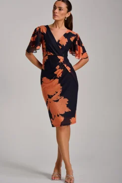 Angel Sleeve Ruched Mesh Bodycon Dress, Orange Floral