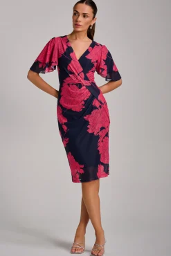 Angel Sleeve Ruched Mesh Bodycon Dress, Red Floral