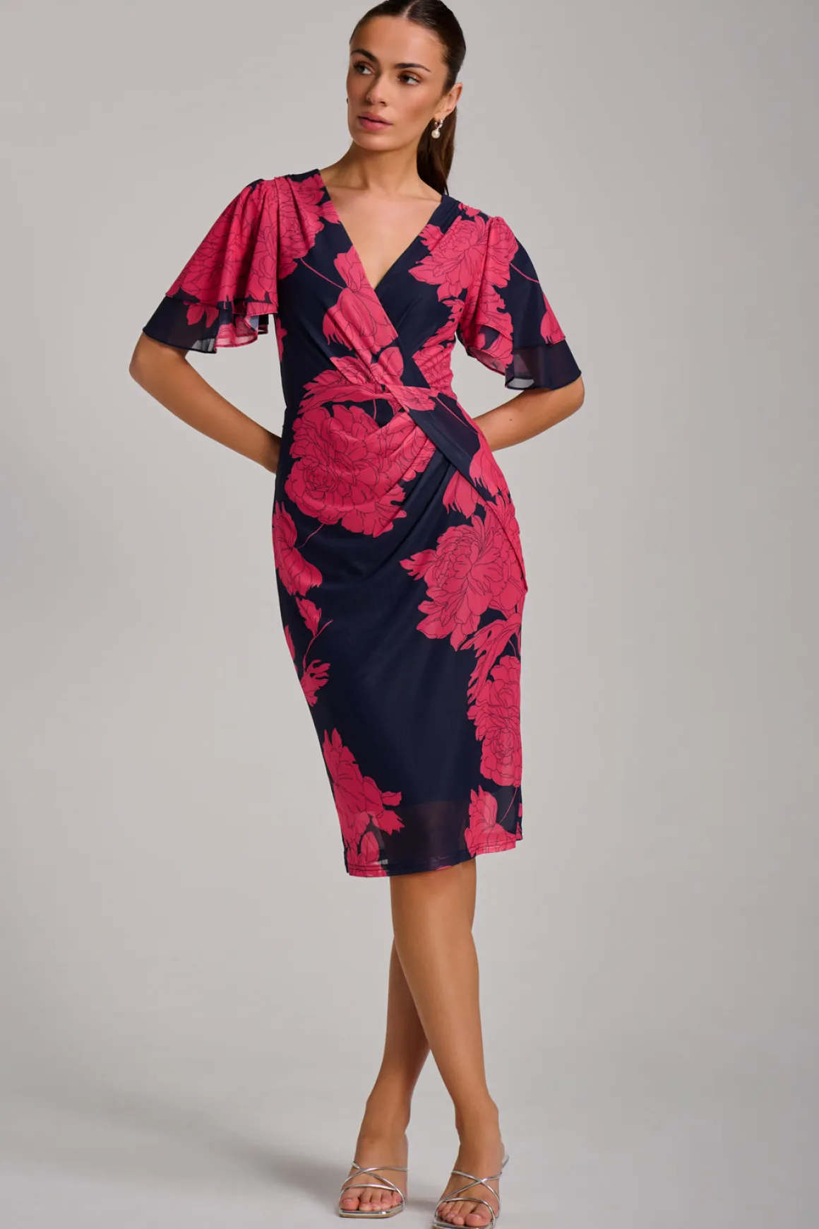 Angel Sleeve Ruched Mesh Bodycon Dress, Red Floral