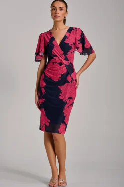 Angel Sleeve Ruched Mesh Bodycon Dress, Red Floral