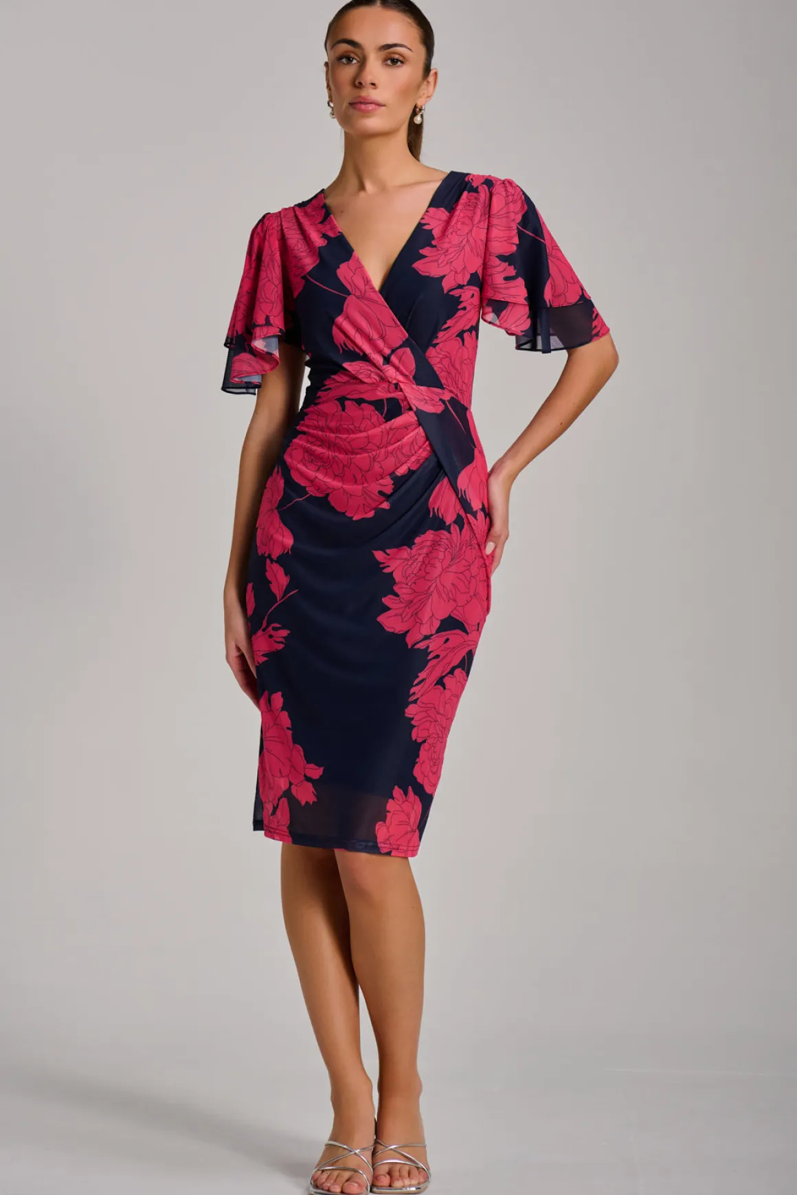 Angel Sleeve Ruched Mesh Bodycon Dress, Red Floral