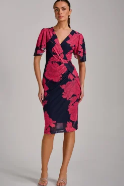 Angel Sleeve Ruched Mesh Bodycon Dress, Red Floral
