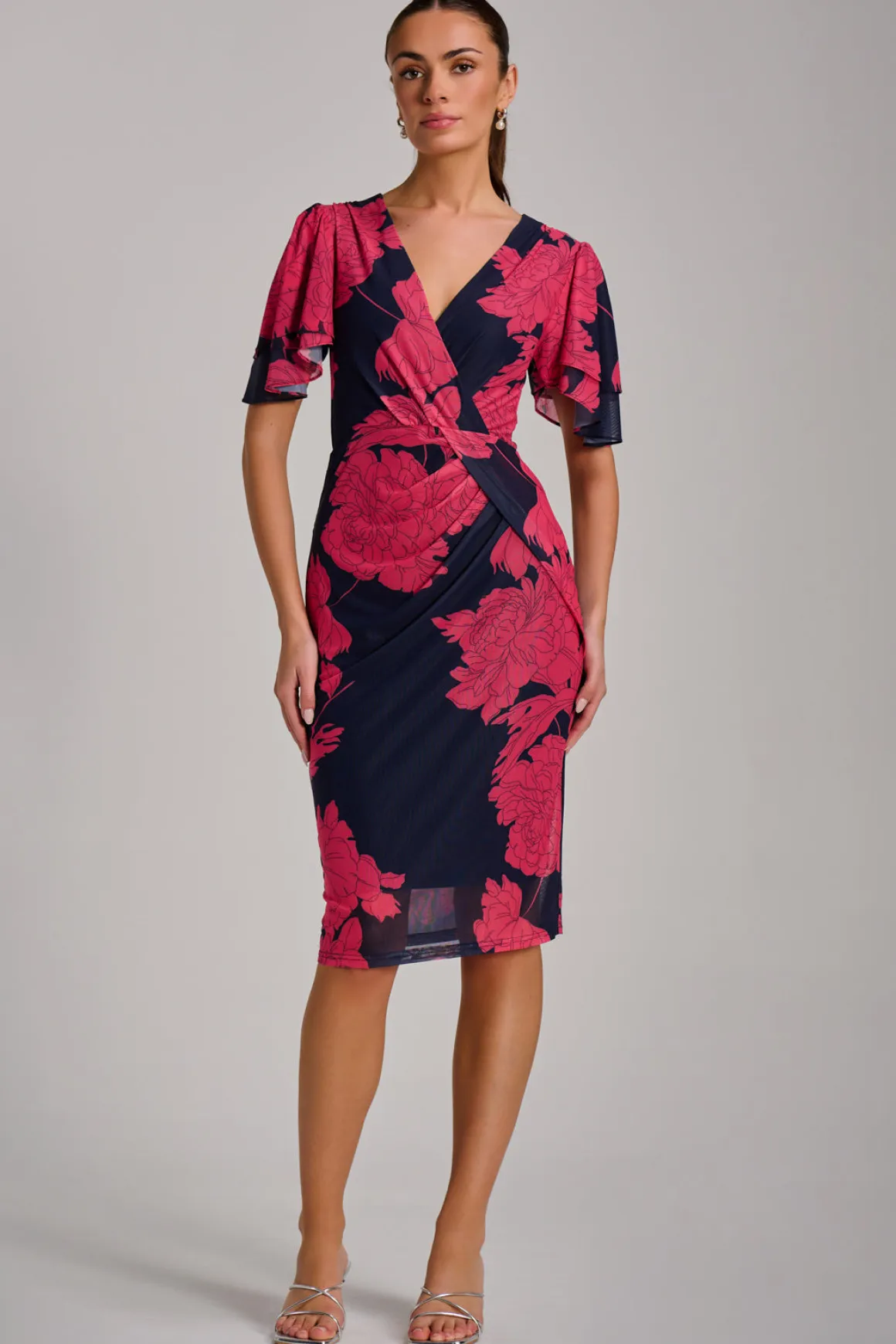 Angel Sleeve Ruched Mesh Bodycon Dress, Red Floral