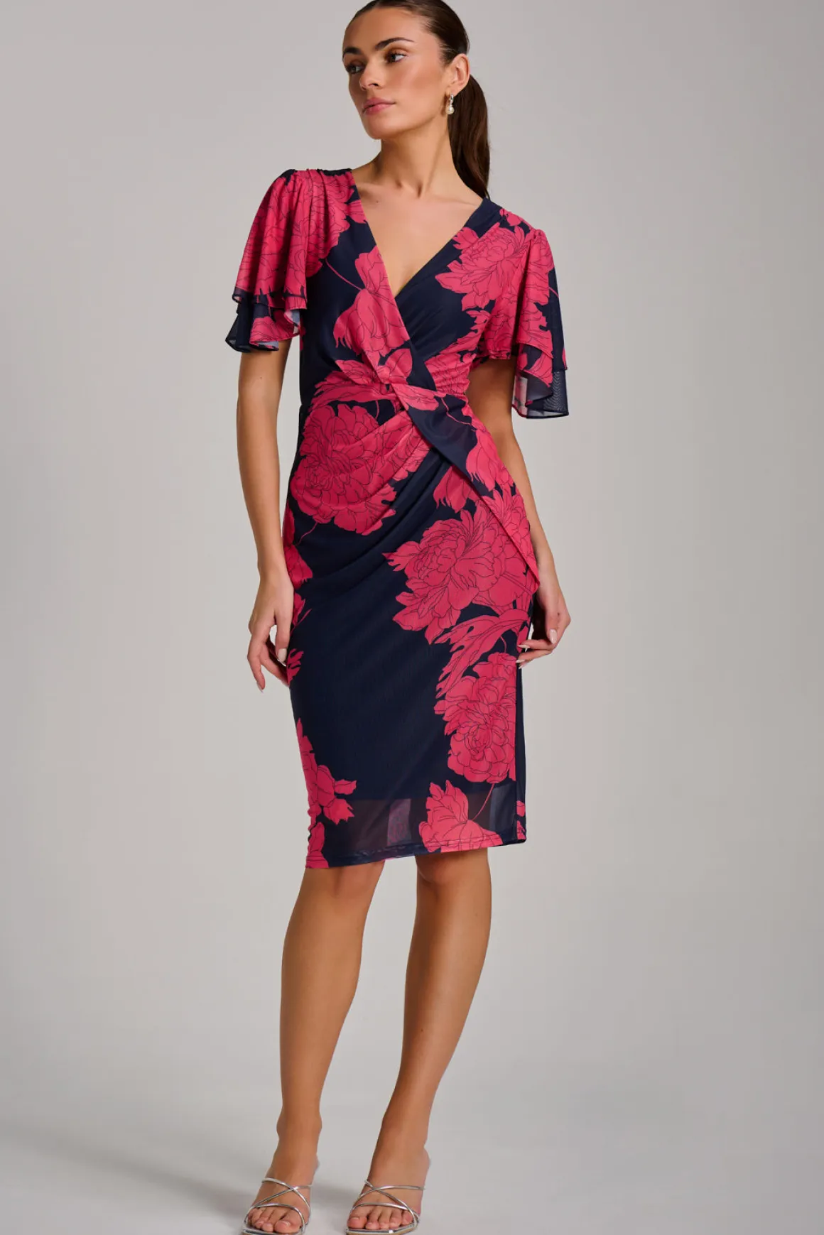 Angel Sleeve Ruched Mesh Bodycon Dress, Red Floral
