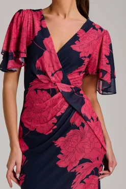 Angel Sleeve Ruched Mesh Bodycon Dress, Red Floral