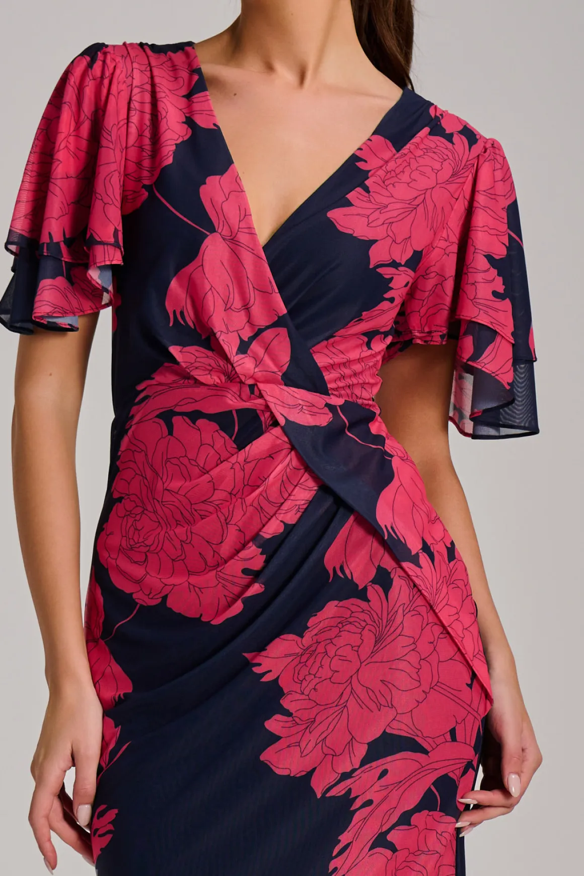 Angel Sleeve Ruched Mesh Bodycon Dress, Red Floral