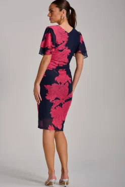 Angel Sleeve Ruched Mesh Bodycon Dress, Red Floral