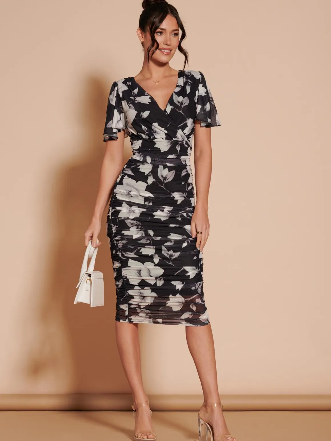 Angel Sleeve Ruched Mesh Midi Dress, Black Floral