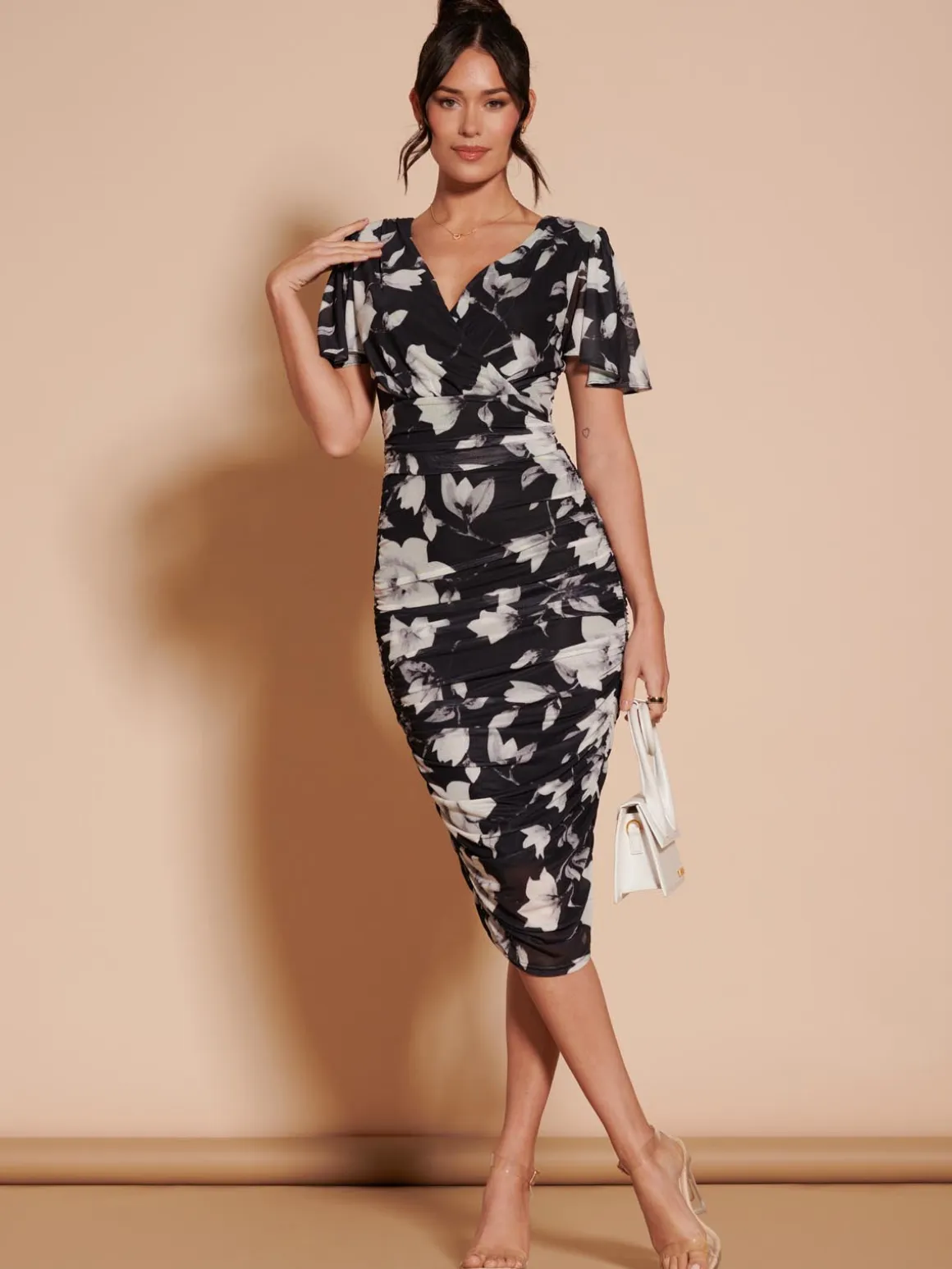 Angel Sleeve Ruched Mesh Midi Dress, Black Floral