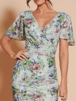 Angel Sleeve Ruched Mesh Midi Dress, Green Floral