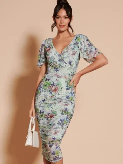 Angel Sleeve Ruched Mesh Midi Dress, Green Floral