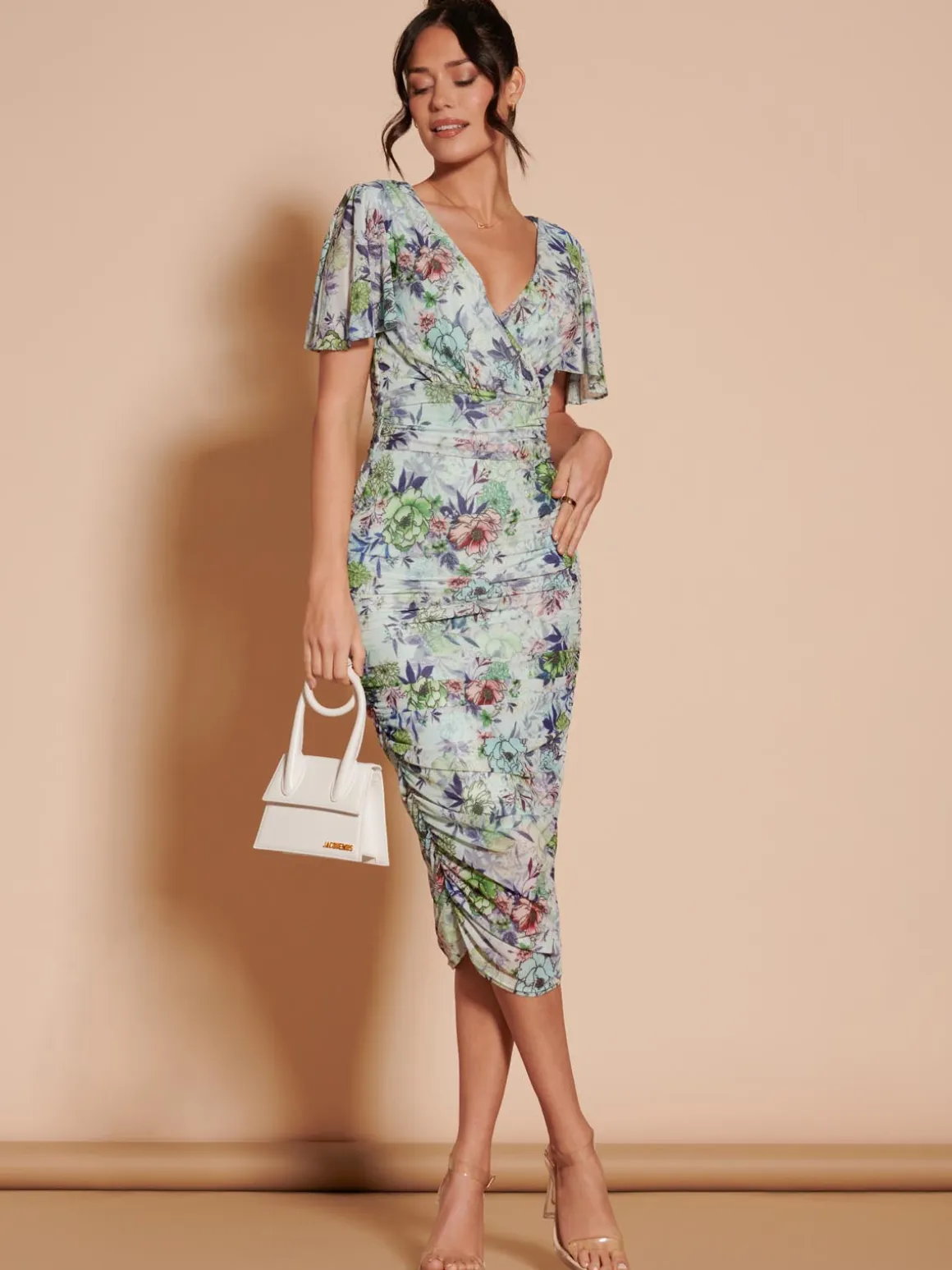 Angel Sleeve Ruched Mesh Midi Dress, Green Floral