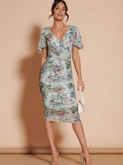 Angel Sleeve Ruched Mesh Midi Dress, Green Floral