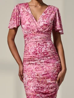 Angel Sleeve Ruched Mesh Midi Dress, Pink Abstract