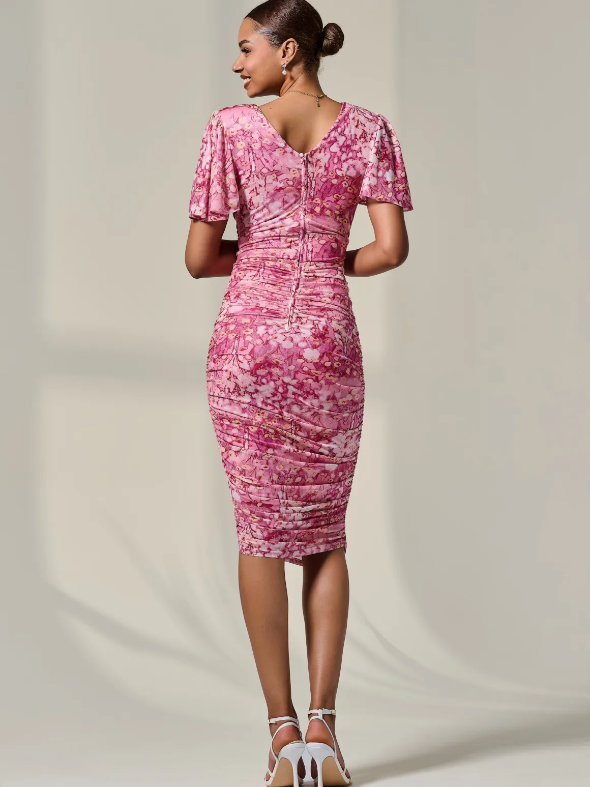 Angel Sleeve Ruched Mesh Midi Dress, Pink Abstract