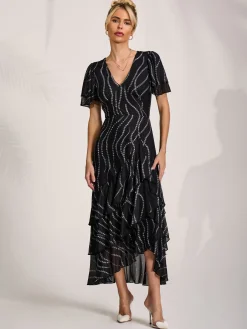 Angel Sleeve Ruffle Hem Mesh Midaxi Dress, Black Spot
